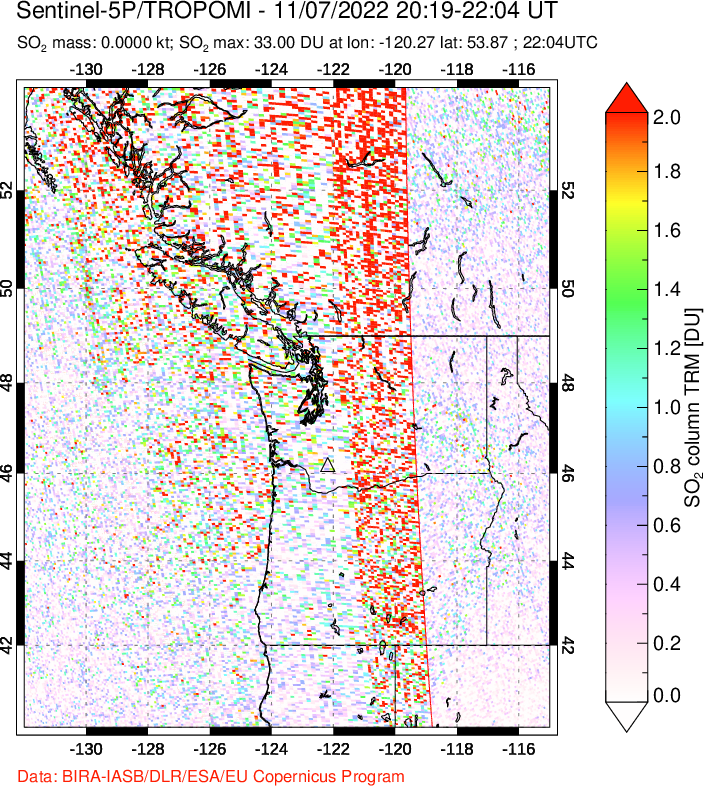 A sulfur dioxide image over Cascade Range, USA on Nov 07, 2022.