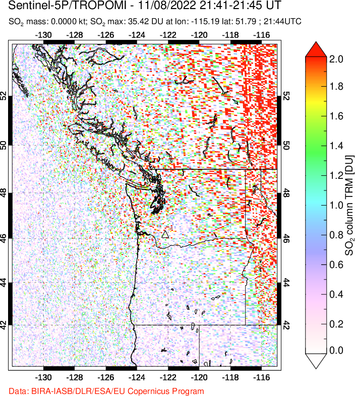A sulfur dioxide image over Cascade Range, USA on Nov 08, 2022.