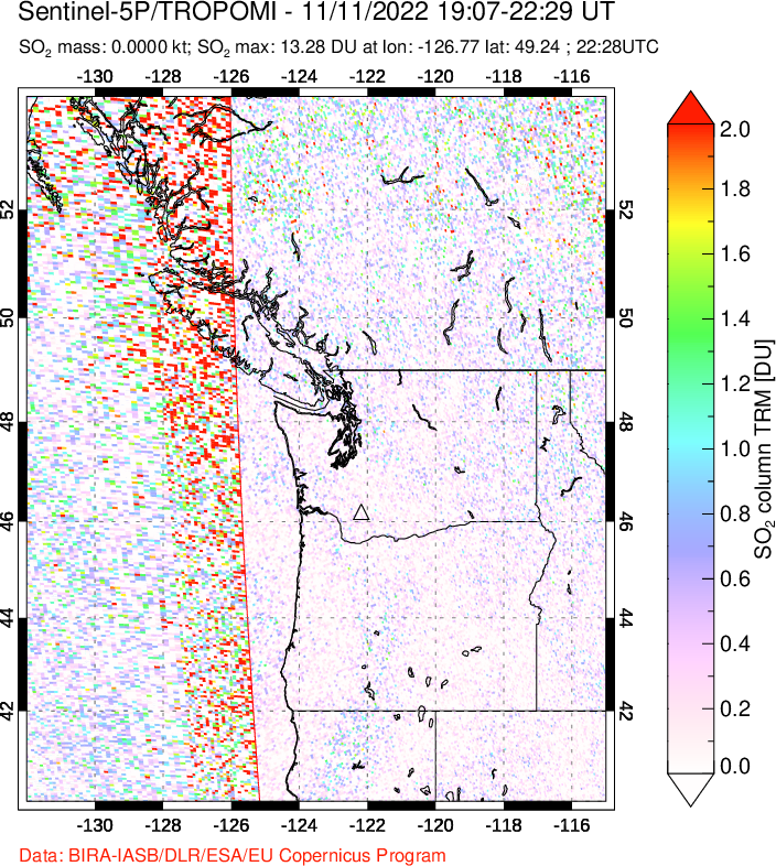A sulfur dioxide image over Cascade Range, USA on Nov 11, 2022.