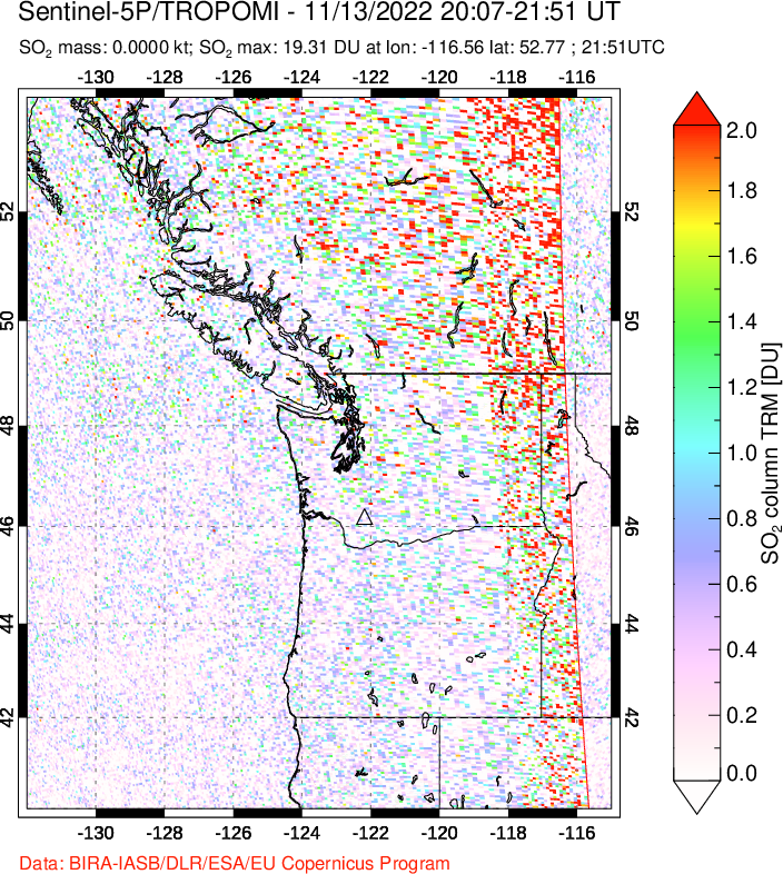 A sulfur dioxide image over Cascade Range, USA on Nov 13, 2022.