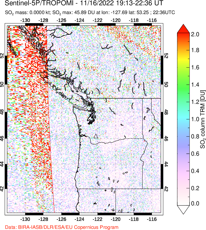A sulfur dioxide image over Cascade Range, USA on Nov 16, 2022.