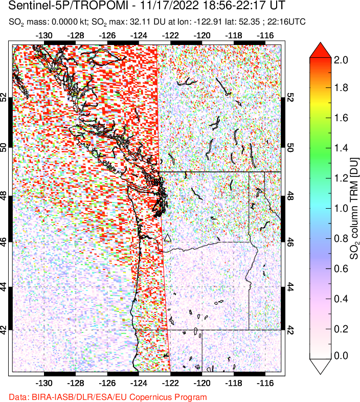 A sulfur dioxide image over Cascade Range, USA on Nov 17, 2022.