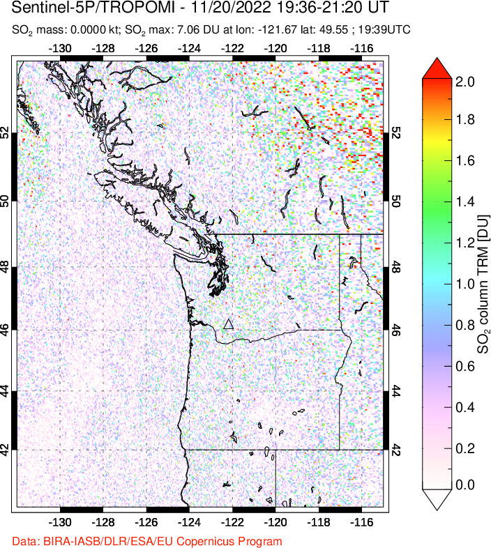 A sulfur dioxide image over Cascade Range, USA on Nov 20, 2022.