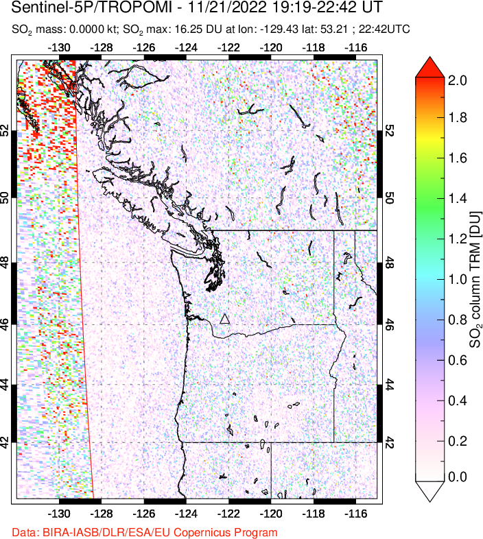 A sulfur dioxide image over Cascade Range, USA on Nov 21, 2022.