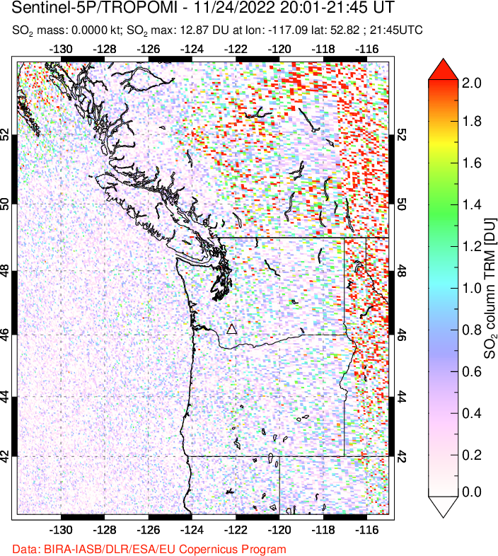 A sulfur dioxide image over Cascade Range, USA on Nov 24, 2022.