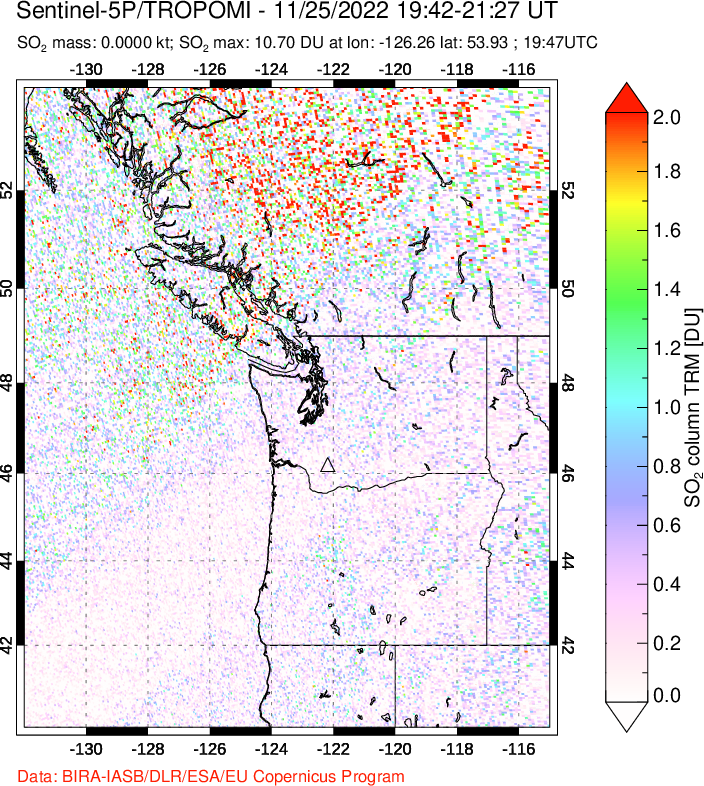A sulfur dioxide image over Cascade Range, USA on Nov 25, 2022.
