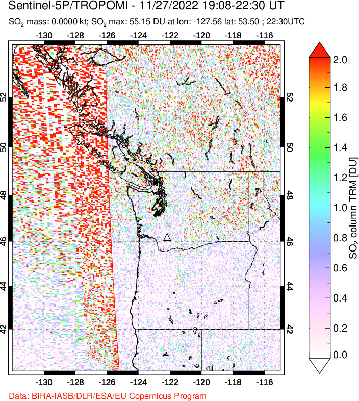 A sulfur dioxide image over Cascade Range, USA on Nov 27, 2022.