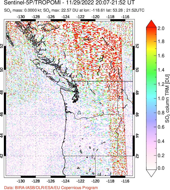 A sulfur dioxide image over Cascade Range, USA on Nov 29, 2022.