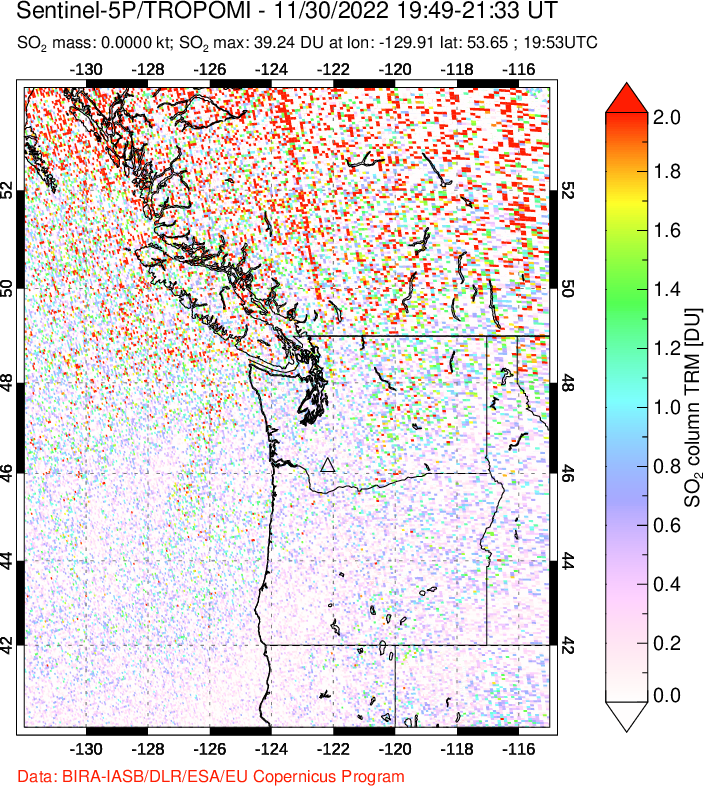 A sulfur dioxide image over Cascade Range, USA on Nov 30, 2022.