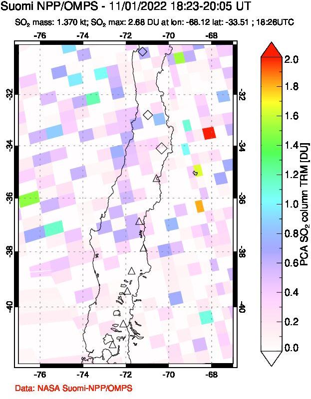 A sulfur dioxide image over Central Chile on Nov 01, 2022.