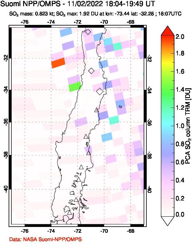 A sulfur dioxide image over Central Chile on Nov 02, 2022.