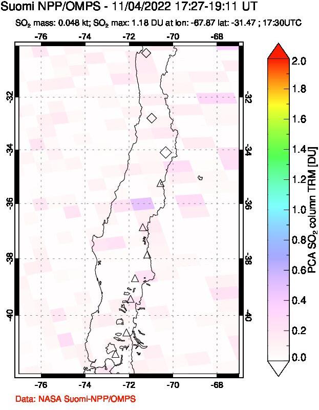 A sulfur dioxide image over Central Chile on Nov 04, 2022.