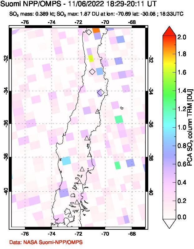 A sulfur dioxide image over Central Chile on Nov 06, 2022.
