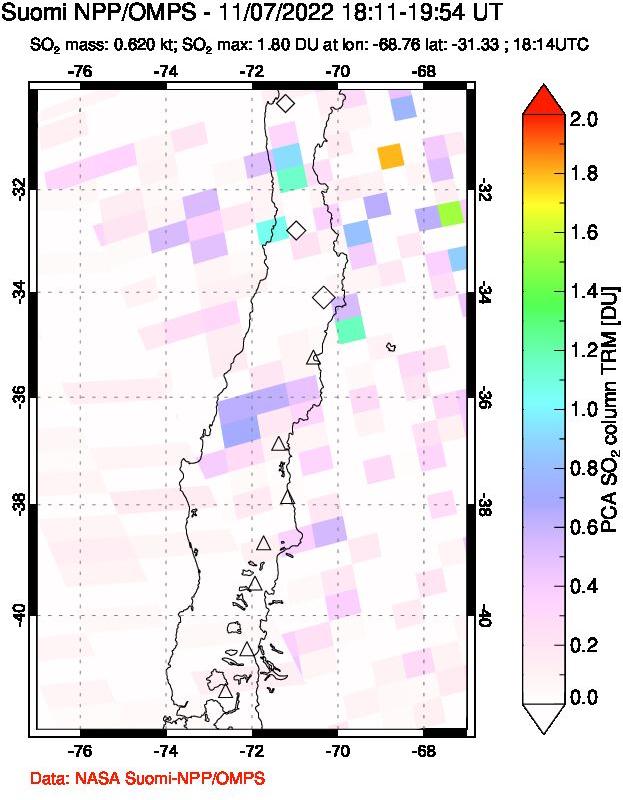 A sulfur dioxide image over Central Chile on Nov 07, 2022.