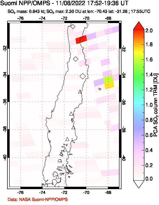 A sulfur dioxide image over Central Chile on Nov 08, 2022.