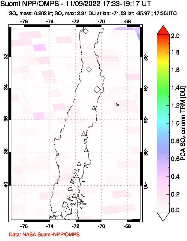 A sulfur dioxide image over Central Chile on Nov 09, 2022.