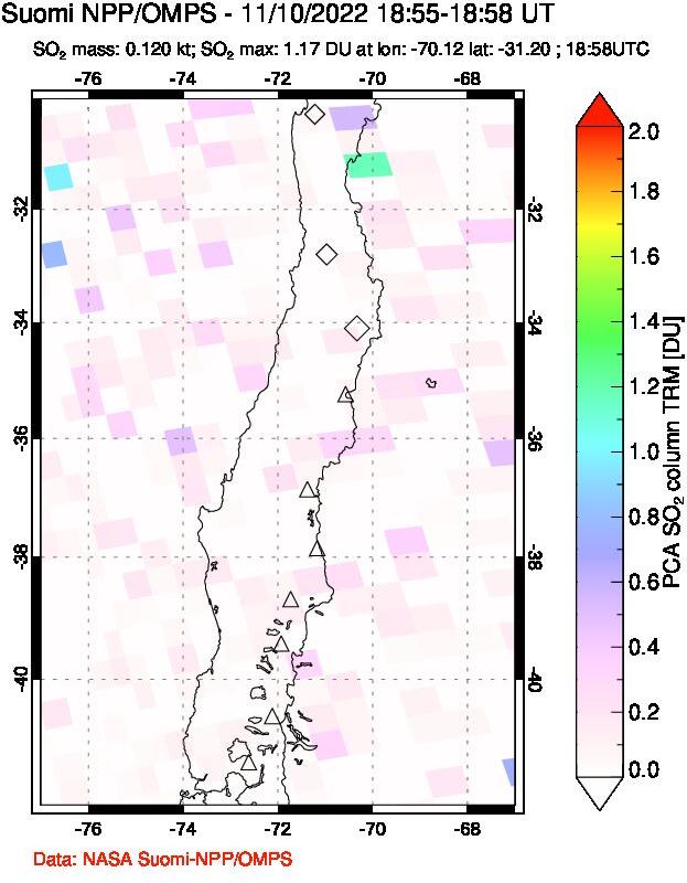 A sulfur dioxide image over Central Chile on Nov 10, 2022.