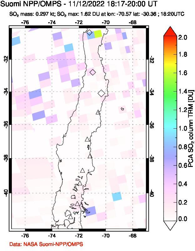 A sulfur dioxide image over Central Chile on Nov 12, 2022.