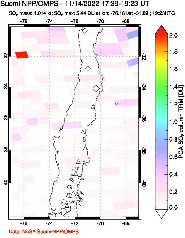 A sulfur dioxide image over Central Chile on Nov 14, 2022.