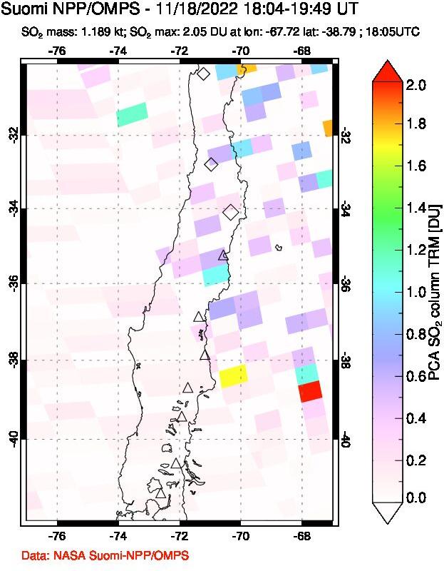 A sulfur dioxide image over Central Chile on Nov 18, 2022.