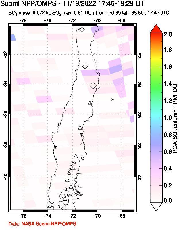 A sulfur dioxide image over Central Chile on Nov 19, 2022.