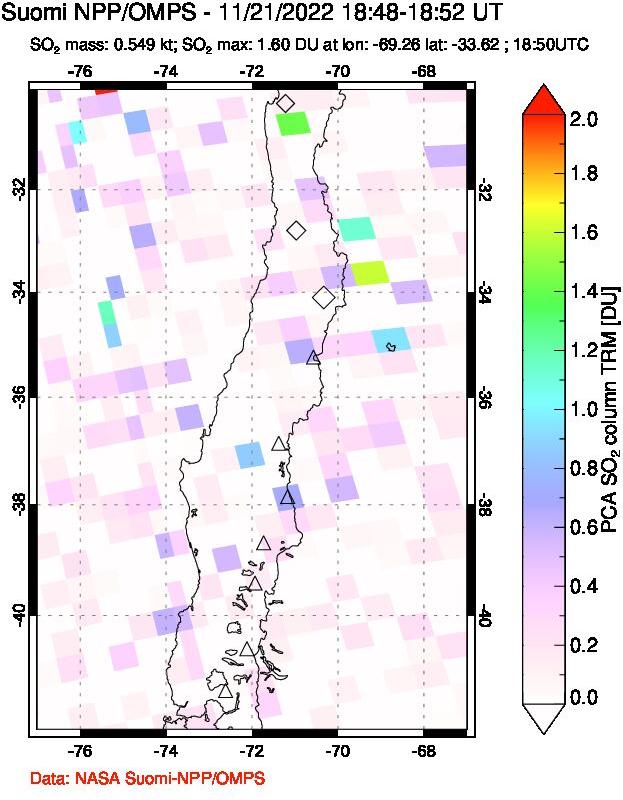 A sulfur dioxide image over Central Chile on Nov 21, 2022.