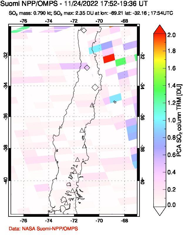 A sulfur dioxide image over Central Chile on Nov 24, 2022.