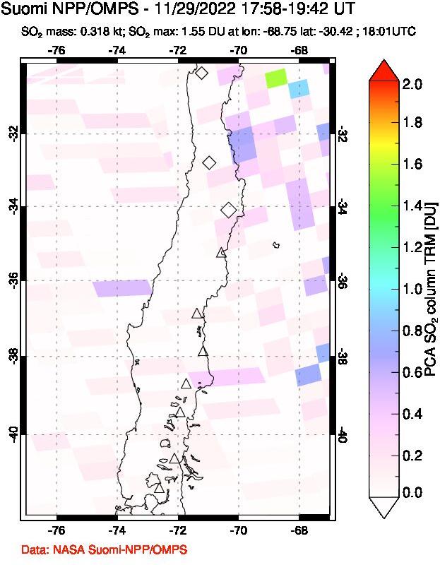 A sulfur dioxide image over Central Chile on Nov 29, 2022.