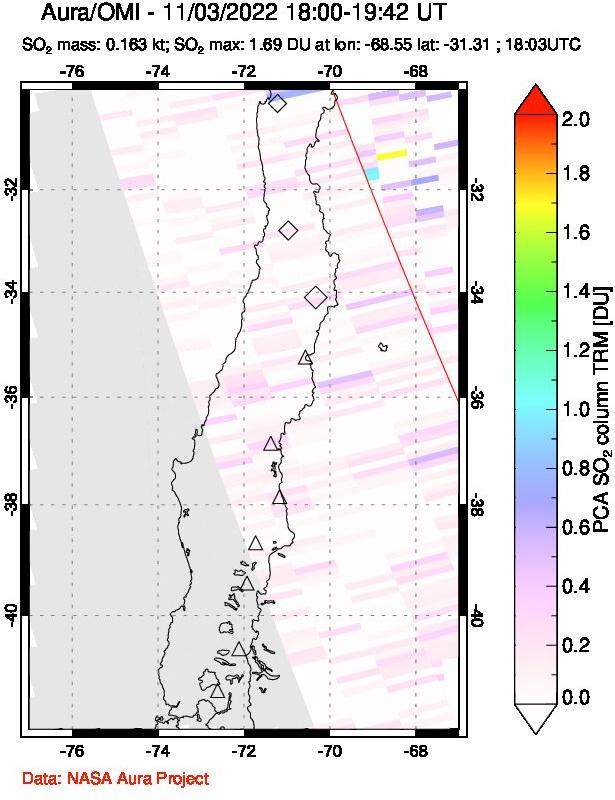A sulfur dioxide image over Central Chile on Nov 03, 2022.