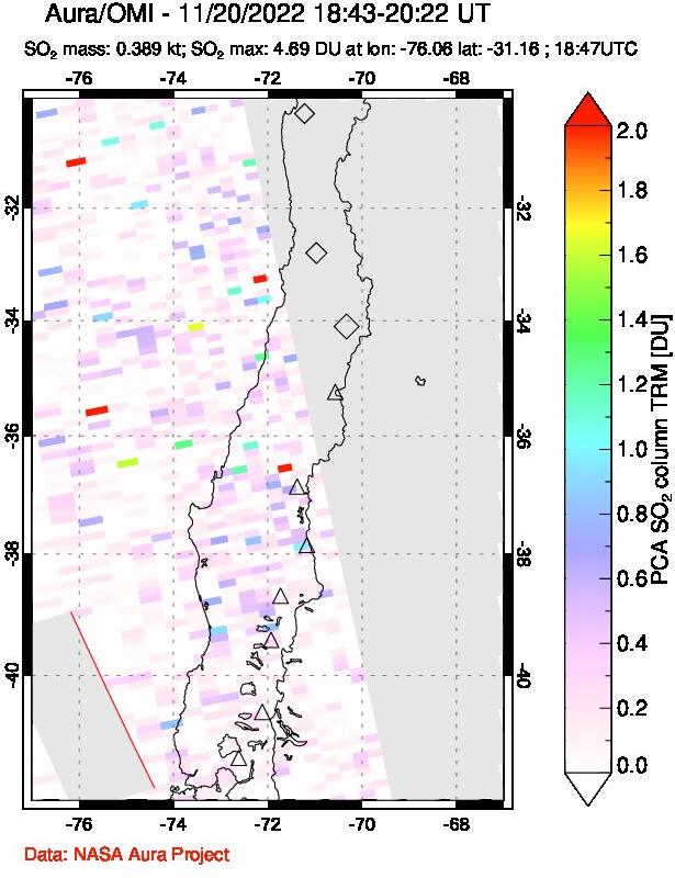 A sulfur dioxide image over Central Chile on Nov 20, 2022.