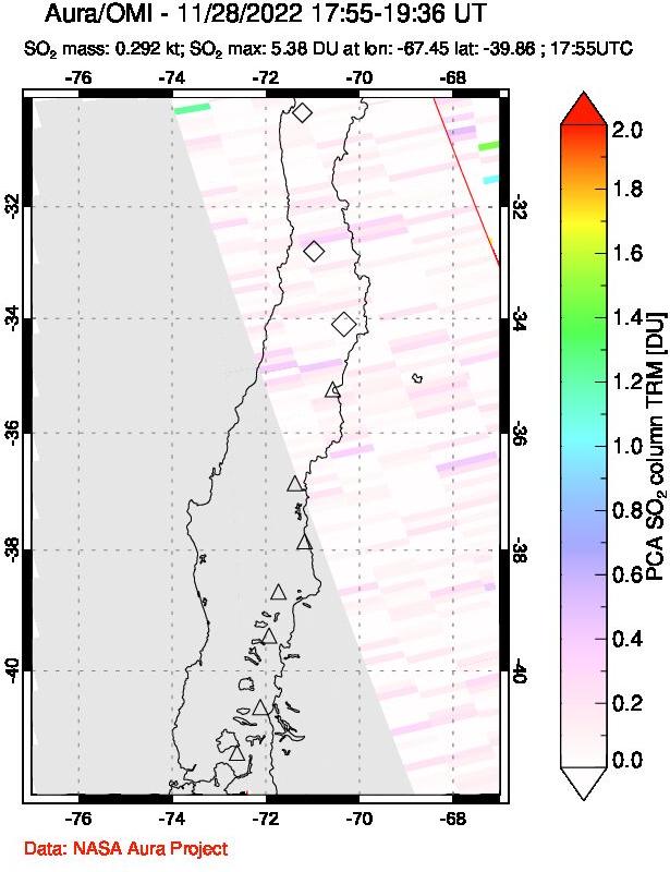 A sulfur dioxide image over Central Chile on Nov 28, 2022.