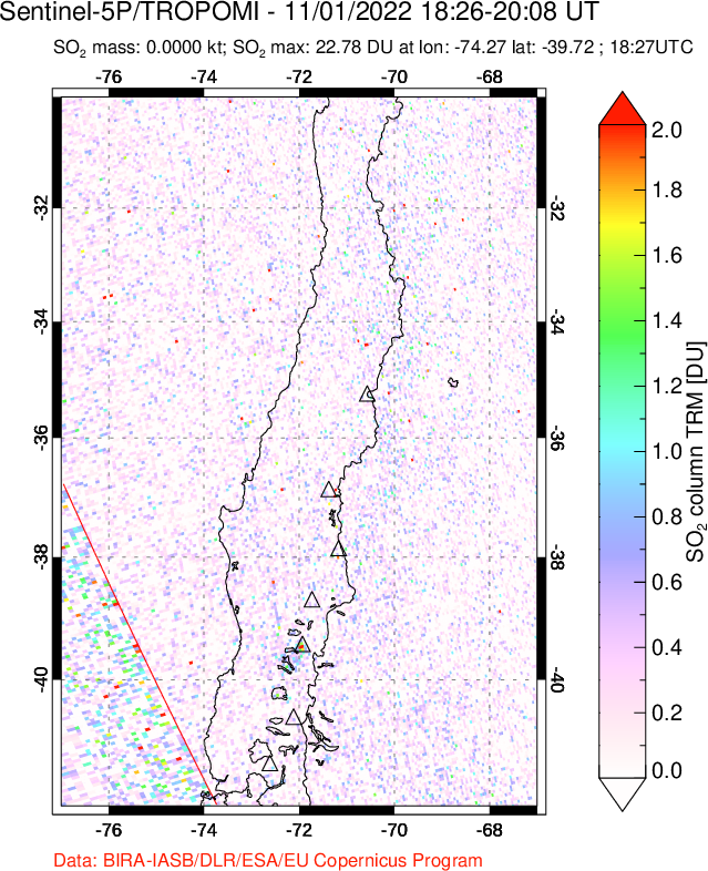 A sulfur dioxide image over Central Chile on Nov 01, 2022.