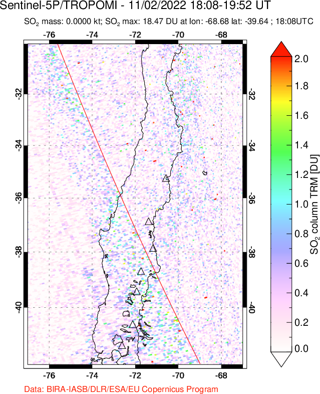 A sulfur dioxide image over Central Chile on Nov 02, 2022.