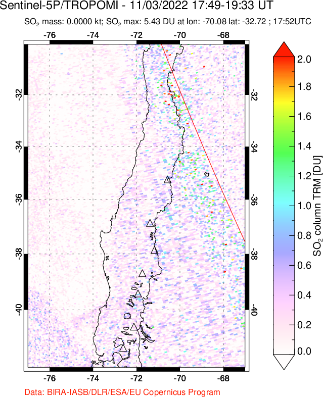 A sulfur dioxide image over Central Chile on Nov 03, 2022.