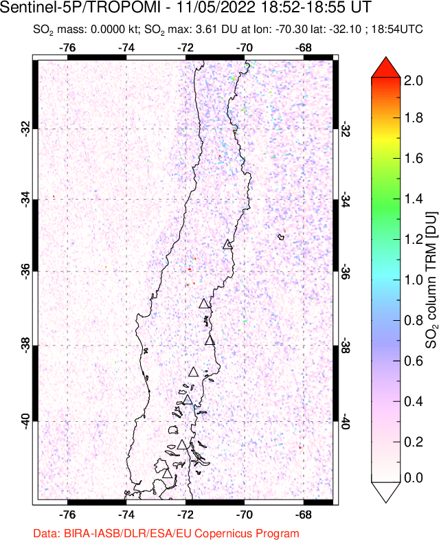 A sulfur dioxide image over Central Chile on Nov 05, 2022.