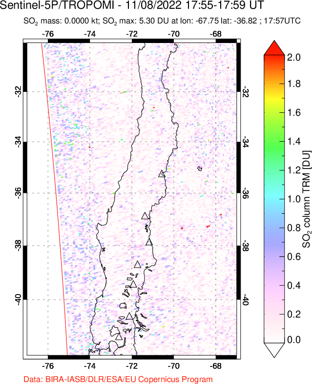 A sulfur dioxide image over Central Chile on Nov 08, 2022.