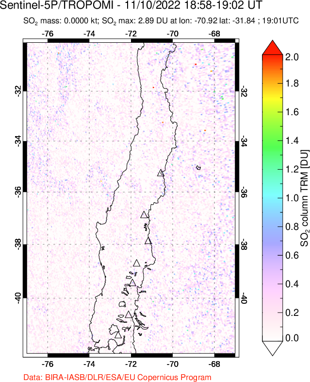 A sulfur dioxide image over Central Chile on Nov 10, 2022.