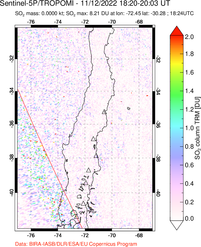 A sulfur dioxide image over Central Chile on Nov 12, 2022.