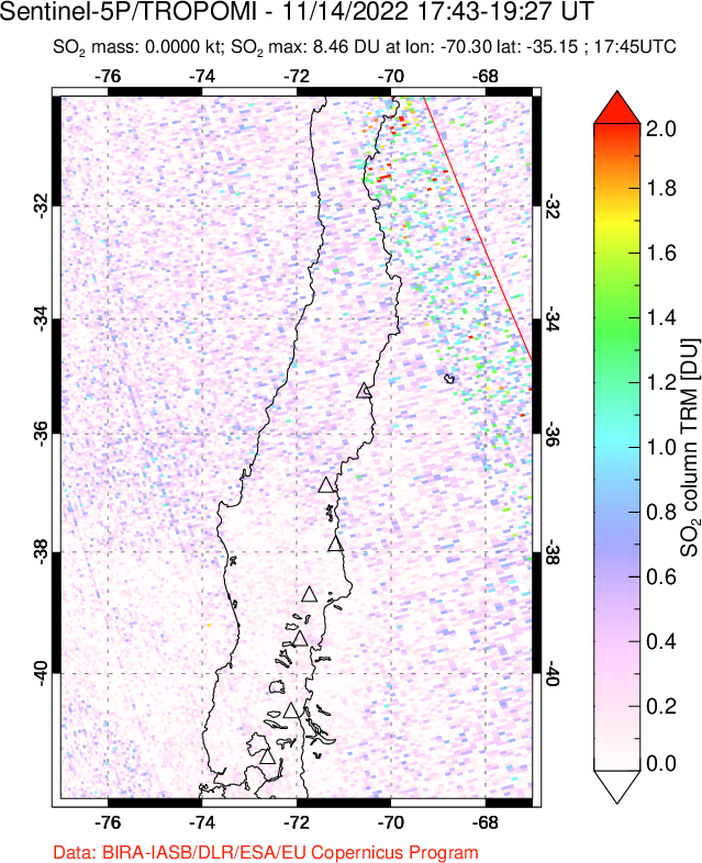 A sulfur dioxide image over Central Chile on Nov 14, 2022.
