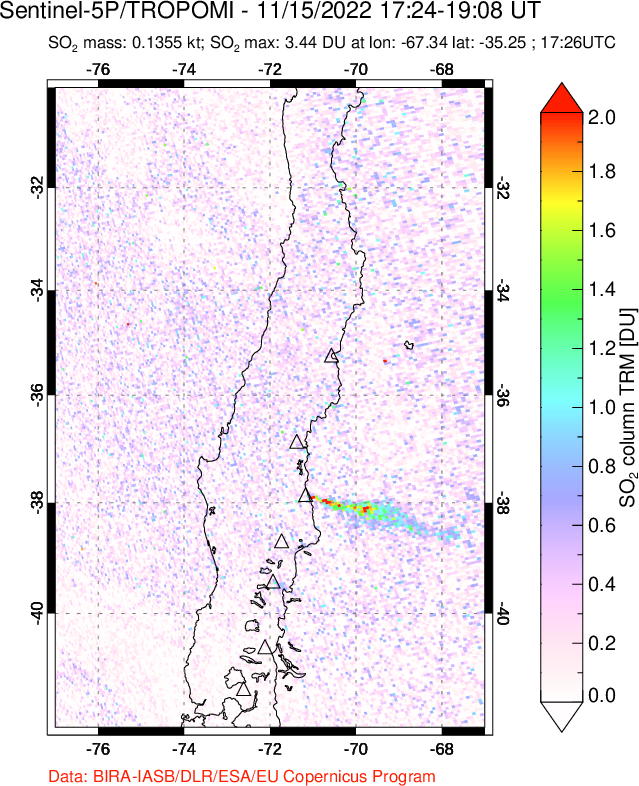 A sulfur dioxide image over Central Chile on Nov 15, 2022.