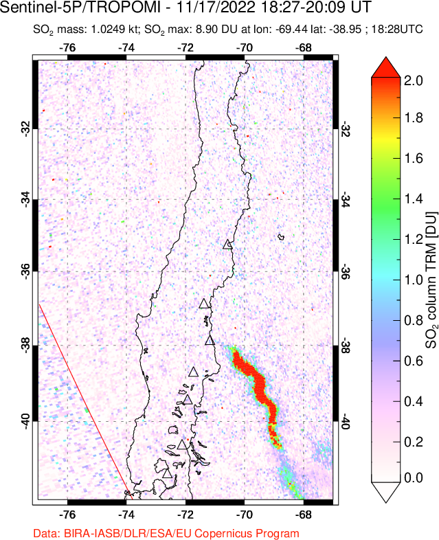 A sulfur dioxide image over Central Chile on Nov 17, 2022.