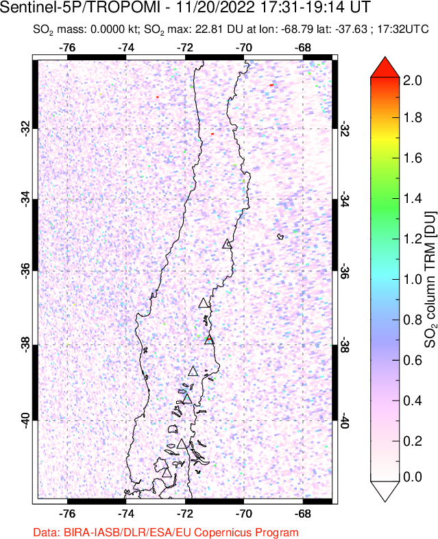 A sulfur dioxide image over Central Chile on Nov 20, 2022.