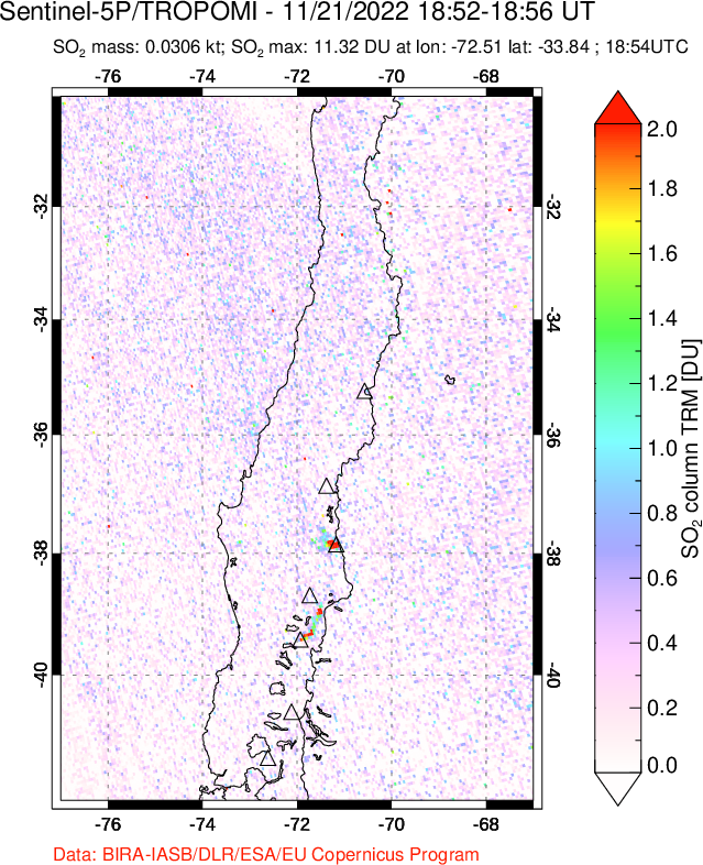 A sulfur dioxide image over Central Chile on Nov 21, 2022.