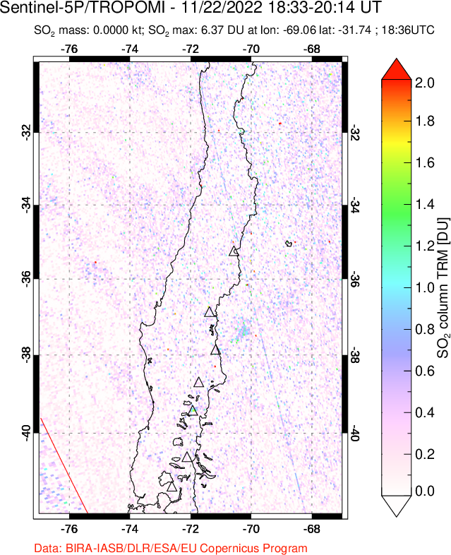 A sulfur dioxide image over Central Chile on Nov 22, 2022.