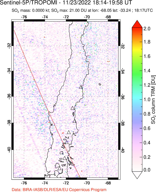 A sulfur dioxide image over Central Chile on Nov 23, 2022.