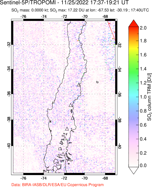 A sulfur dioxide image over Central Chile on Nov 25, 2022.