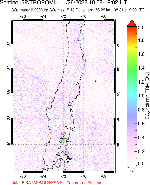 A sulfur dioxide image over Central Chile on Nov 26, 2022.