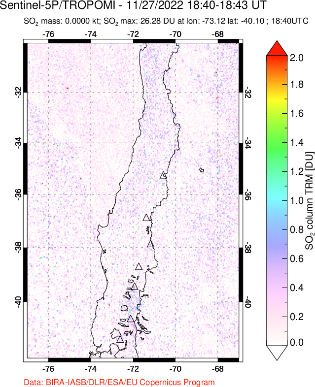 A sulfur dioxide image over Central Chile on Nov 27, 2022.