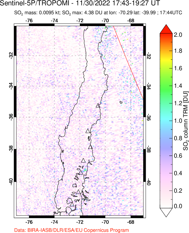 A sulfur dioxide image over Central Chile on Nov 30, 2022.