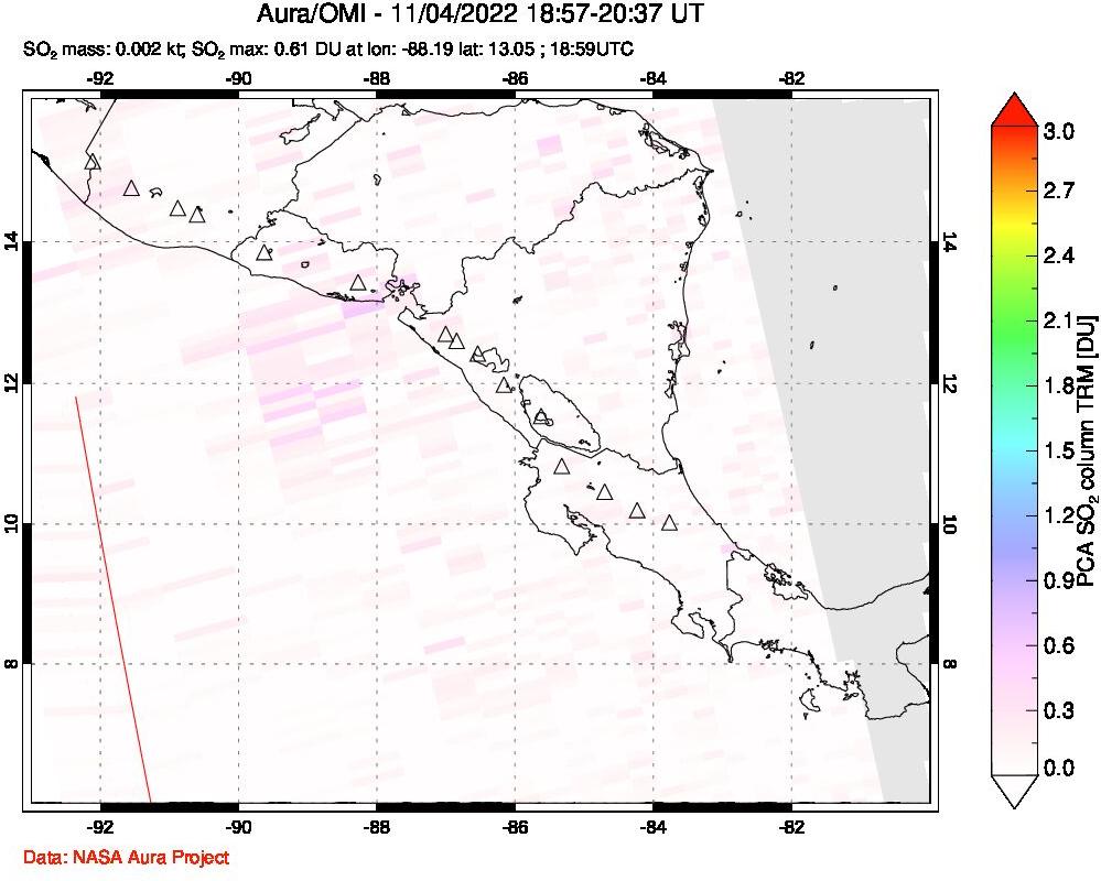 A sulfur dioxide image over Central America on Nov 04, 2022.
